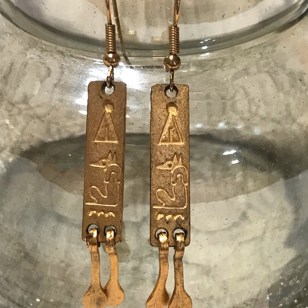 Egyptian hieroglyphics dangle earrings. 1 1/2 inches